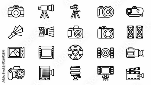 Camera photography video equipment film movie lens tripod speaker projector icons set creatd and generated with generative ai on transparent background