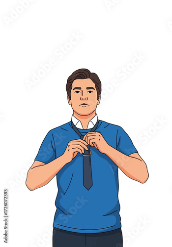 Young Man Tying Necktie Flat Vector Illustration
