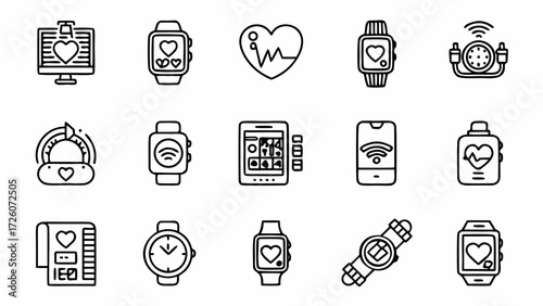 Healthcare technology monitoring devices heart rate watches and medical equipment line creatd and generated with generative ai on transparent background
