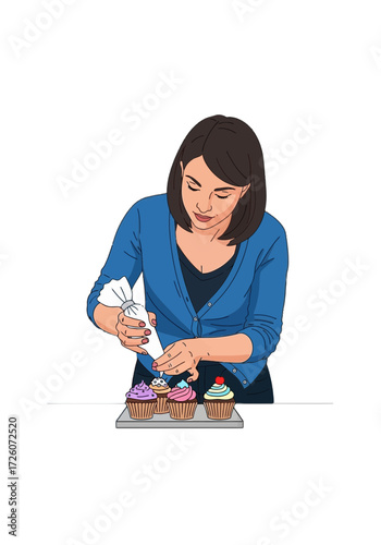 Sweet Flat Vector Illustration of Woman Decorating Cupcakes