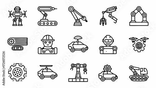Automation robotics industry manufacturing robot arm technology engineering icons set creatd and generated with generative ai on transparent background