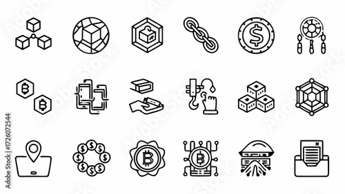 Blockchain cryptocurrency bitcoin technology finance digital money network icons asset creatd and generated with generative ai on transparent background