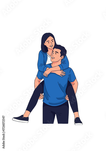Joyful Couple Piggyback Ride Flat Character Illustration