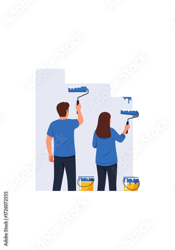 Couple Painting Wall Together Home Renovation Flat Vector