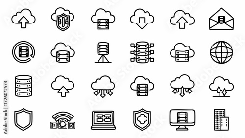 Cloud computing data server network storage backup database hosting technology icons creatd and generated with generative ai on transparent background