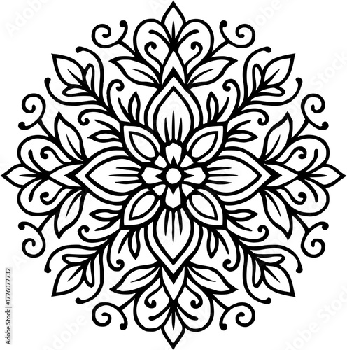 A detailed floral mandala design with intricate swirls and petal shapes in black and white colors