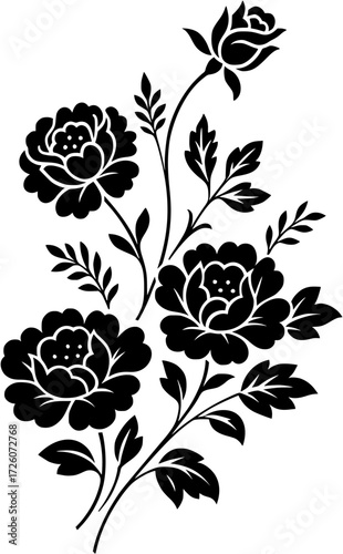 A stylized monochrome floral arrangement with roses and leaves on a white background design element