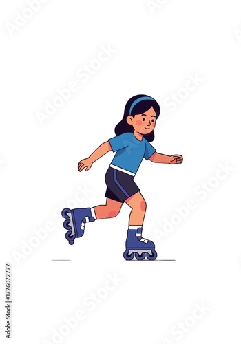 Cute Flat Vector Illustration of a Girl Rollerblading