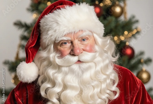 A cheerful man dressed in a red suit and white beard embodies the spirit of Christmas and New Year. He smiles warmly next to a beautifully adorned holiday tree and ornaments Generative AI