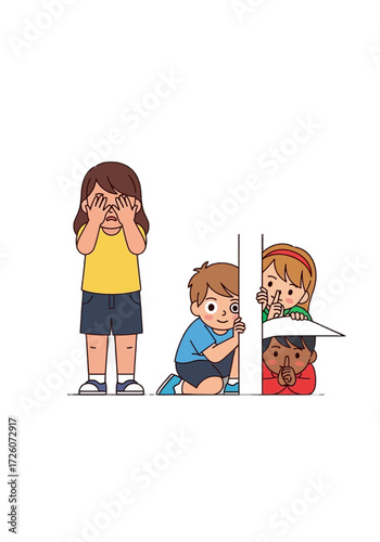 Cute Cartoon Kids Playing Hideandseek Game Vector