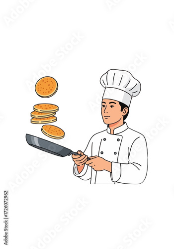 Cartoon Chef Flipping Pancakes Flat Vector Illustration
