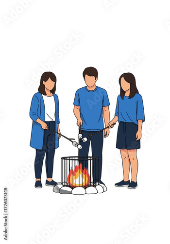 Flat Vector Illustration of Friends Roasting Marshmallows
