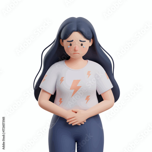 Stylized 3d illustration of a young woman with abdominal pain