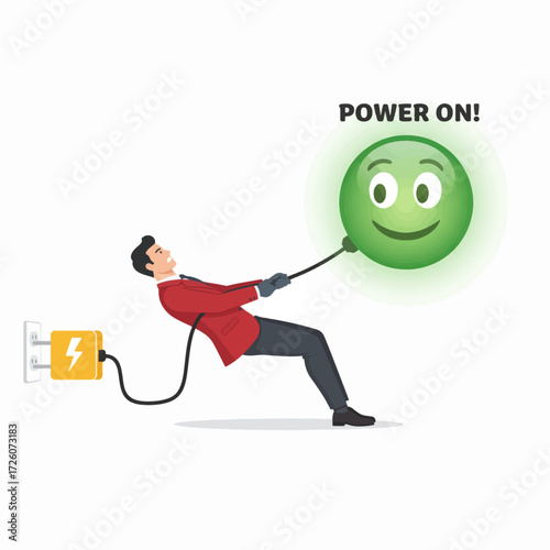 Businessman pulling power cord red suit dynamic action