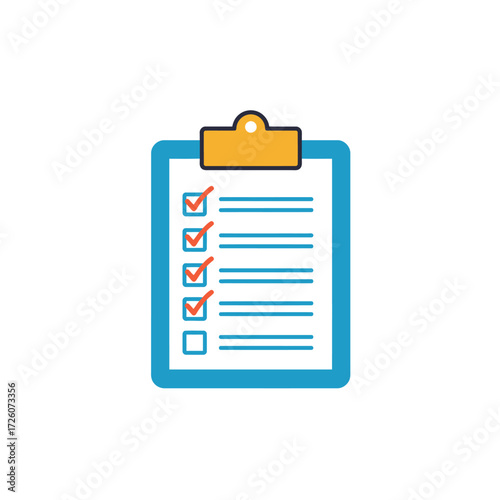 A blue clipboard displays a checklist with red checkmarks beside the first four of five items