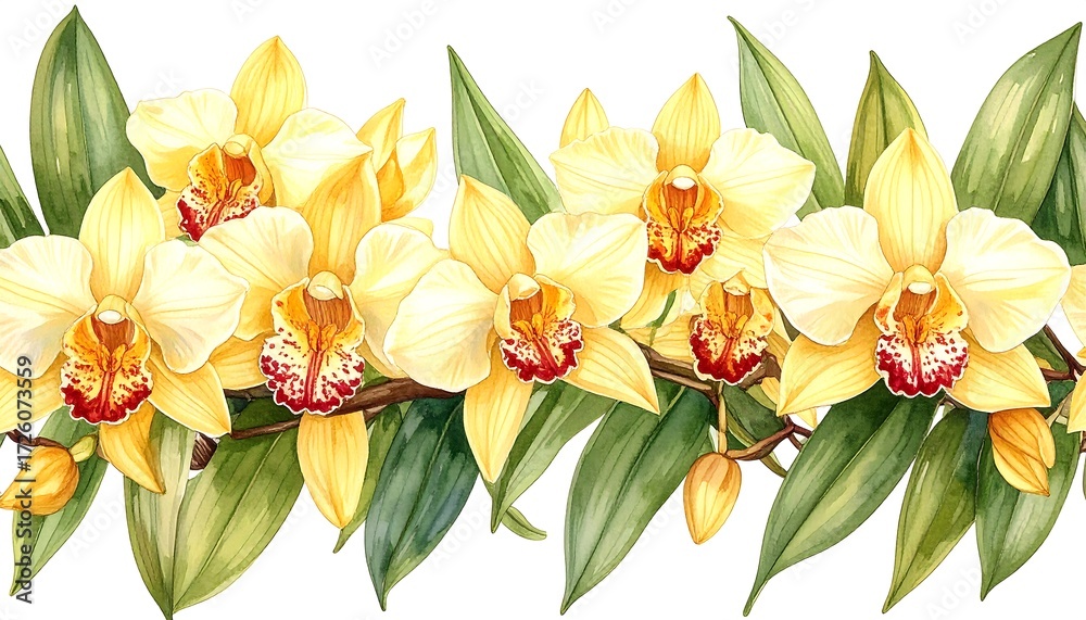 Fototapeta premium Watercolor yellow orchids with red details and green leaves on a white background