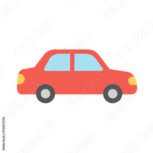 A red car with light blue windows yellow lights and grey wheels on a white background