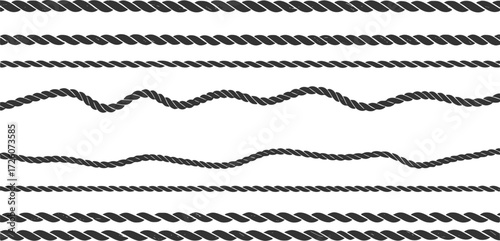 Wavy rope curve set. Repeating hemp cord stripes collection. Wavy loop tie braid bundle. Seamless black and white plait pattern. Vector marine twine design elements for banner, poster, frame, border