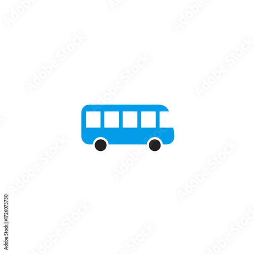 Blue bus icon with black wheels featuring four square windows