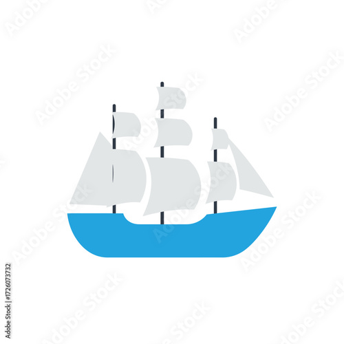 Blue hull ship with gray sails and black masts on a white background