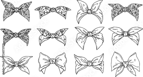Set of bandana bow headband line art vector. Black and white bandana clipart
