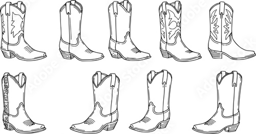 Set of cowboy boot line art. Cowboy boot silhouette
