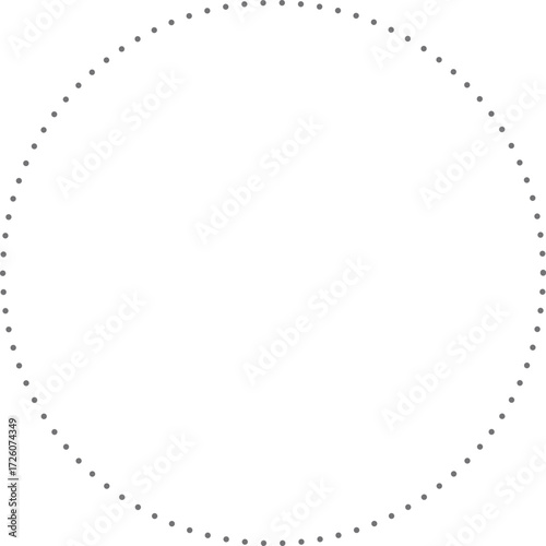 This is a minimalist graphic image featuring a large circle composed entirely of small,  gray dots. These dots are evenly spaced and form a perfect circular outline against a plain.