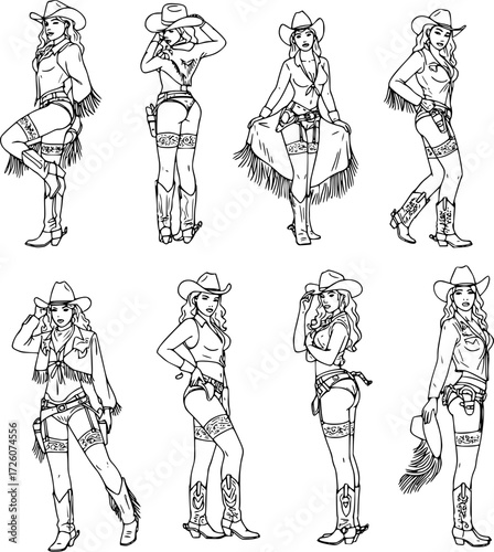 A set of vintage retro pin up style woman wearing western cowboy costume. line art illustration style

