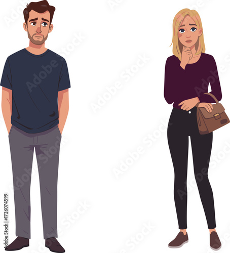 Emotional tension, relationship conflict, couple disagreement, illustrated characters, cartoon style, expressive pose, interpersonal drama, thoughtful moment, digital art, separation theme