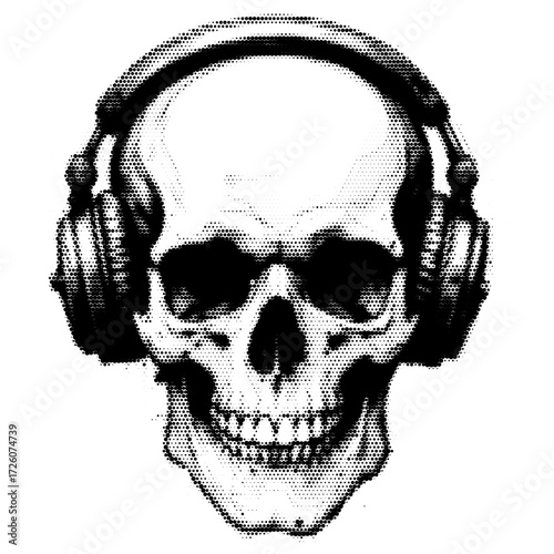 Skull with headphone vintage y2k halftone art, skull halftone stipple brutalist retro vector png with transparent background, bloom 2000s aesthetic photocopy effect tattoo