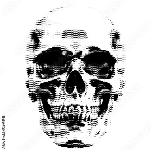 Skull vintage y2k halftone art, skull halftone stipple brutalist retro vector png with transparent background, bloom 2000s aesthetic photocopy effect tattoo