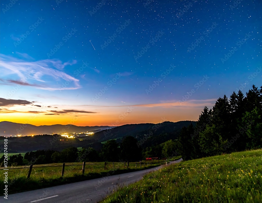Fototapeta premium Starry night landscape over a road