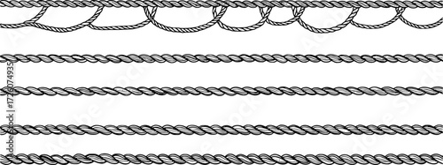 Wavy rope curve set. Repeating hemp cord stripes collection. Wavy loop tie braid bundle. Seamless black and white plait pattern. Vector marine twine design elements for banner, poster, frame, border