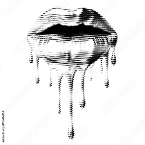 Melting lips vintage y2k halftone art, lips halftone stipple brutalist retro vector png with transparent background, bloom 2000s aesthetic photocopy effect tattoo