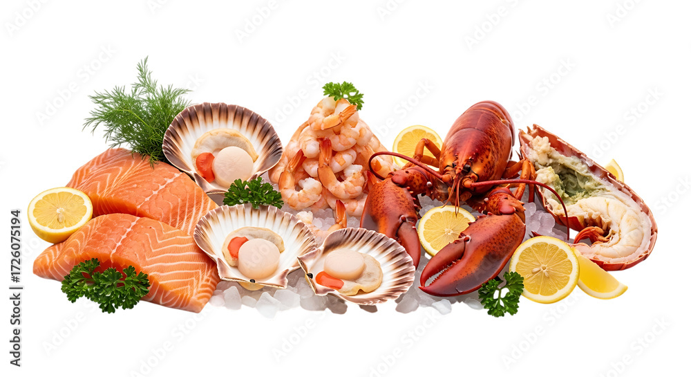 Obraz premium Fresh, vibrant seafood platter featuring whole lobsters, juicy shrimp, succulent salmon fillets, and delicate scallops with lemon and herbs