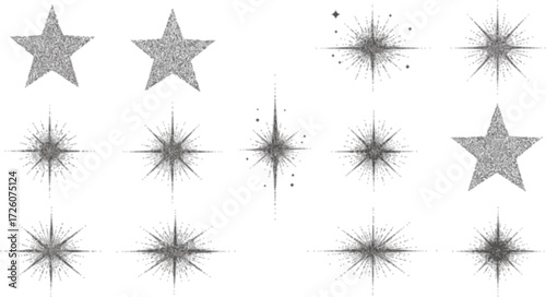 Black crayon hand drawn stars and sparkles set. Childish doodle sparks collection. Grunge rough brush stroke shine element pack for collage, poster, sticker, label. Kid sketched pencil symbols. Vector