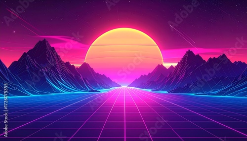 Neon landscape with mountains, grid-like perspective, and vibrant sunset. A futuristic scene with digital art aesthetics
