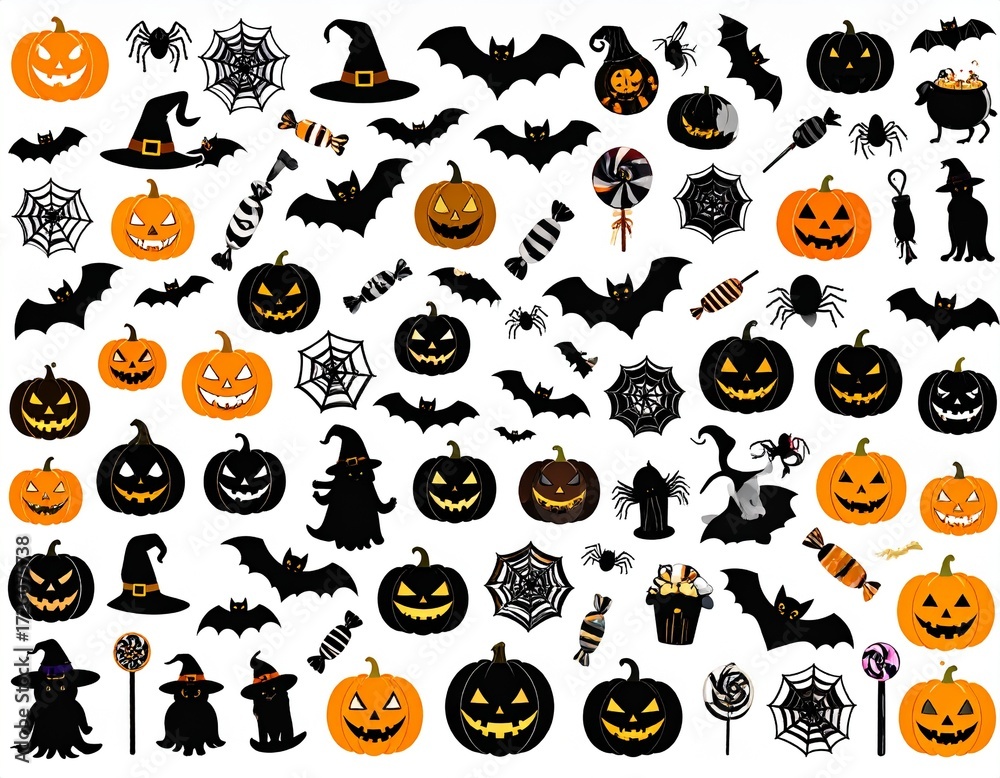 Fototapeta premium Halloween icons (pumpkins, bats, witches, candy). 