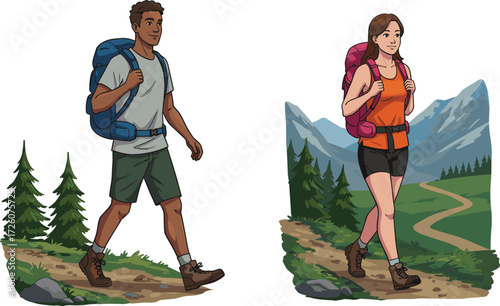 Hiking adventure, mountain trail, outdoor lifestyle, scenic nature, forest trekking, backpack travel, summer exploration, wilderness journey, active people, travel inspiration