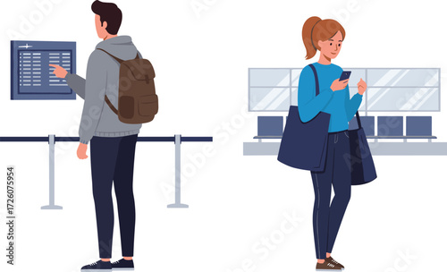 Modern travelers at airport, checking flight info, using smartphone, digital screen interaction, travel lifestyle, technology, waiting area, urban journey, departure hall