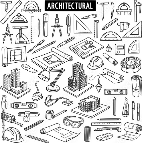 Detailed Architectural Drafting and Construction Tools Vector Illustration Set in Hand-Drawn Outline Style