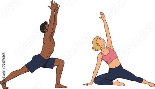 Yoga, fitness, flexibility, mindfulness, Warrior pose, side stretch, active lifestyle, wellness, strength, balance, indoor workout, healthy living, exercise, posture, body movement, athletic training