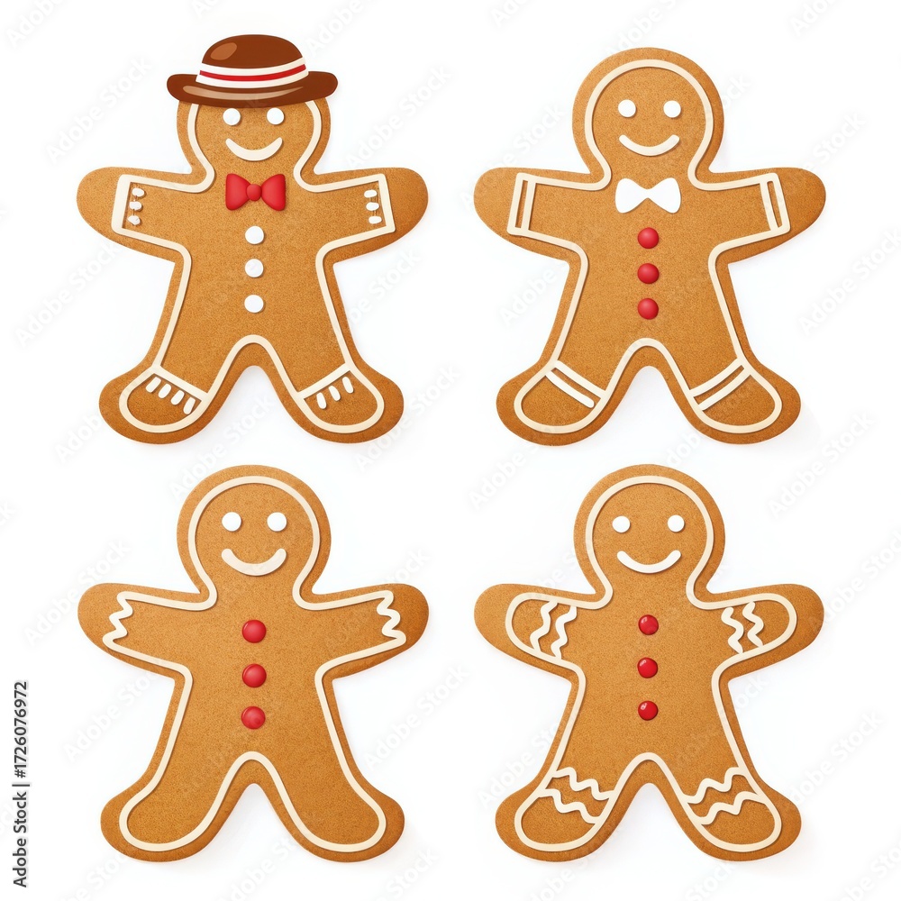 Fototapeta premium Four gingerbread man cookies with icing isolated on white background