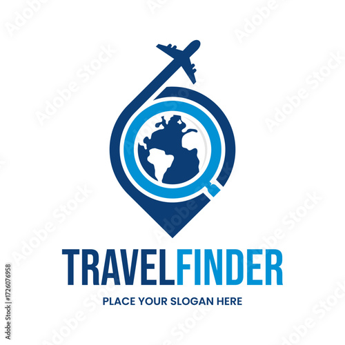 Travel finder logo with a map pin, globe, and airplane. Perfect for a travel agency, flight search engine, tour operator, or global booking application. Simple and iconic.