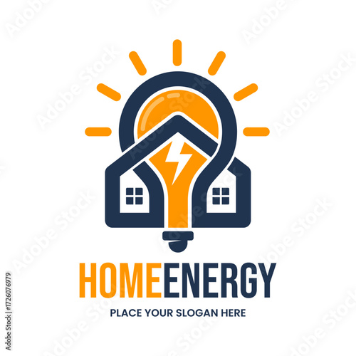 Smart home energy logo concept. A house combined with a light bulb and sun, symbolizing electricity, power, and eco-friendly solutions. Perfect for utility or tech companies.
