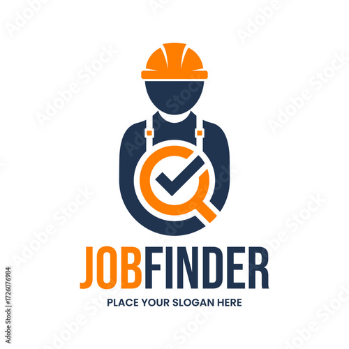 Job finder logo design featuring a professional engineer in a helmet with a check mark. Ideal for recruitment agencies, career portals, and construction job boards. Simple & modern.