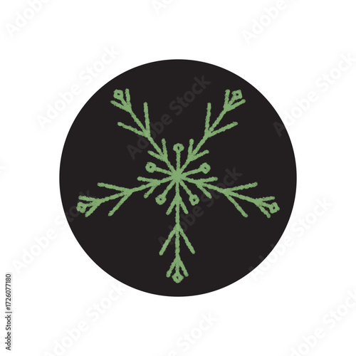 Chalk snow flake sticker appears as a circle ornament in green on a black lid. This icy element with frosty winter symbol is perfect as cold christmas seal for any package or holiday delivery.