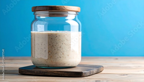 Glass jar filled with a light beige smoothie