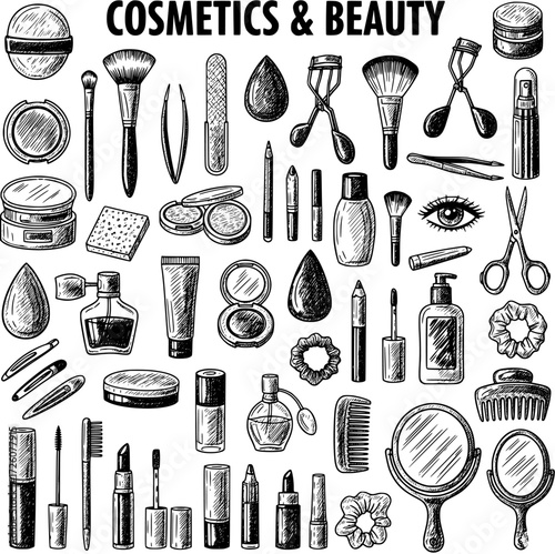 Cosmetics and Beauty Products Sketch: Hand-Drawn Makeup, Skincare, and Accessories Vector Illustration