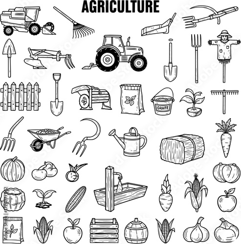 Agriculture Icons Collection: Hand-Drawn Farming Equipment and Crops Vector Set
